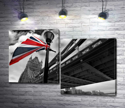 Британский флаг висит на фонаре среди Тауэрского моста (Tower Bridge)