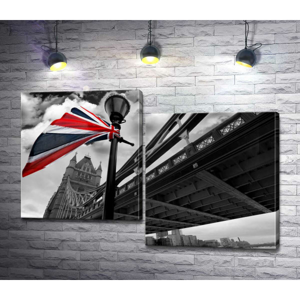 Британський прапор висить на ліхтарі серед Тауерського мосту (Tower Bridge)