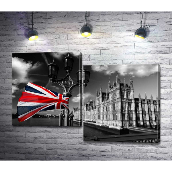 Британский флаг трепещит на ветру над глубоководной Темзой