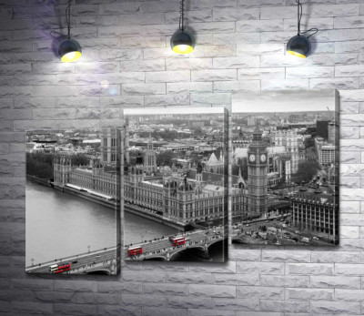 Модульная картина "Красные пятна автобусов на Вестминстерском мосту (Westminster Bridge)"