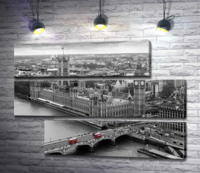 Модульная картина "Красные пятна автобусов на Вестминстерском мосту (Westminster Bridge)"