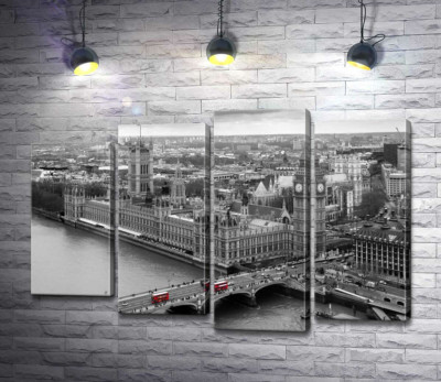 Модульная картина "Красные пятна автобусов на Вестминстерском мосту (Westminster Bridge)"