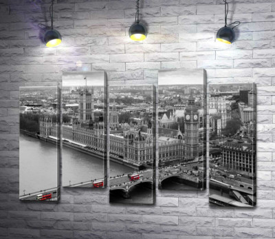 Модульная картина "Красные пятна автобусов на Вестминстерском мосту (Westminster Bridge)"
