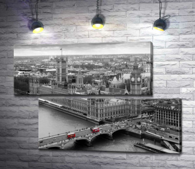 Модульная картина "Красные пятна автобусов на Вестминстерском мосту (Westminster Bridge)"