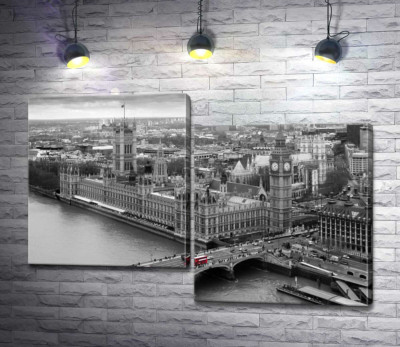 Модульная картина "Красные пятна автобусов на Вестминстерском мосту (Westminster Bridge)"