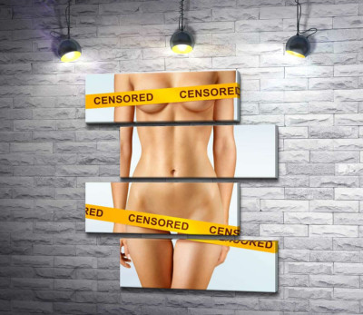 Интимные зоны соблазнительного женского тела прикрыты желтой лентой "censored"