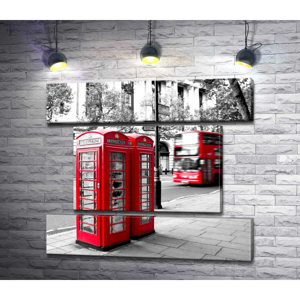 Червоний акцент телефонних будок у пастельному спокої лондонської вулиці