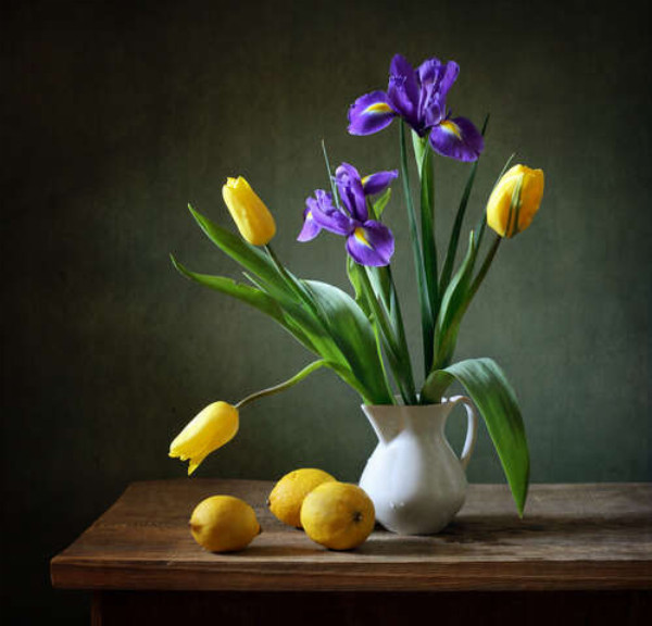 Весенняя свежесть ирисов и тюльпанов в вазе возле желтобоких лимонов