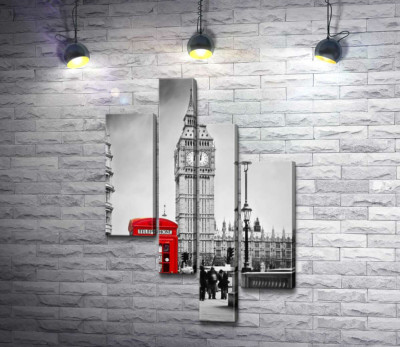 Контраст красной телефонной будки и серой башни Биг Бена (Big Ben)
