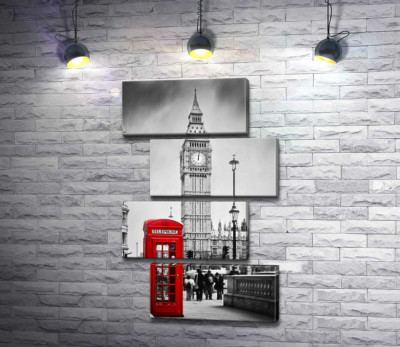 Контраст червоної телефонної будки та сірої вежі Біг Бену (Big Ben)