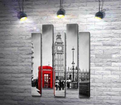 Контраст красной телефонной будки и серой башни Биг Бена (Big Ben)