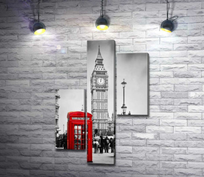 Контраст красной телефонной будки и серой башни Биг Бена (Big Ben)