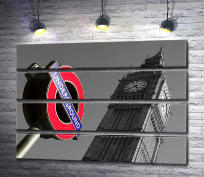 Модульная картина "Значок входа в метро у стройной башни Биг Бена (Big Ben)"