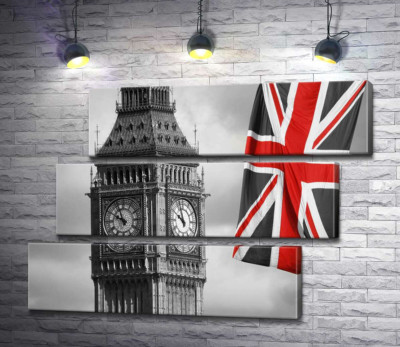 Красные цвета на британском флаге рядом с башней Биг Беном (Big Ben)