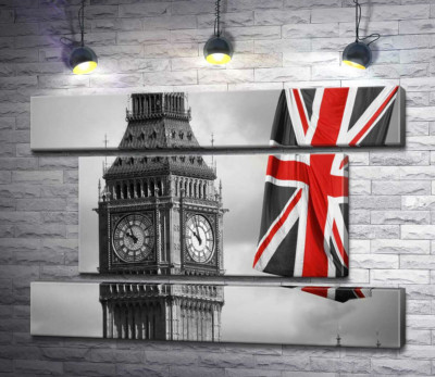 Красные цвета на британском флаге рядом с башней Биг Беном (Big Ben)