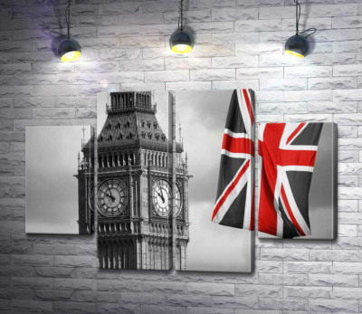 Красные цвета на британском флаге рядом с башней Биг Беном (Big Ben)