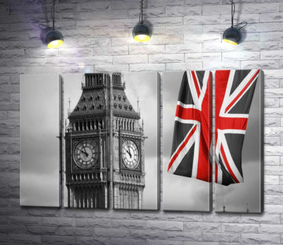 Красные цвета на британском флаге рядом с башней Биг Беном (Big Ben)