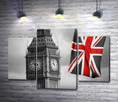 Красные цвета на британском флаге рядом с башней Биг Беном (Big Ben)