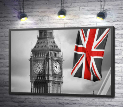 Постер "Красные цвета на британском флаге рядом с башней Биг Беном (Big Ben)"