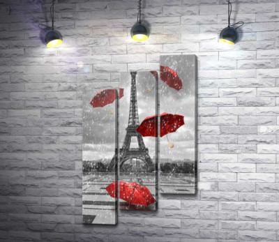 Модульна картина "Дощ із червоних зонтиків перед Ейфелевою вежею (Eiffel tower)"