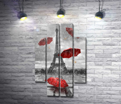 Модульна картина "Дощ із червоних зонтиків перед Ейфелевою вежею (Eiffel tower)"
