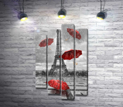 Модульная картина "Дождь из красных зонтиков перед Эйфелевой башней (Eiffel tower)"