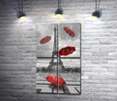 Модульная картина "Дождь из красных зонтиков перед Эйфелевой башней (Eiffel tower)"