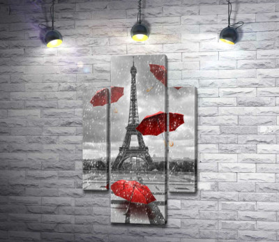 Модульная картина "Дождь из красных зонтиков перед Эйфелевой башней (Eiffel tower)"