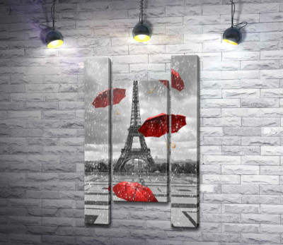 Дождь из красных зонтиков перед Эйфелевой башней (Eiffel tower)