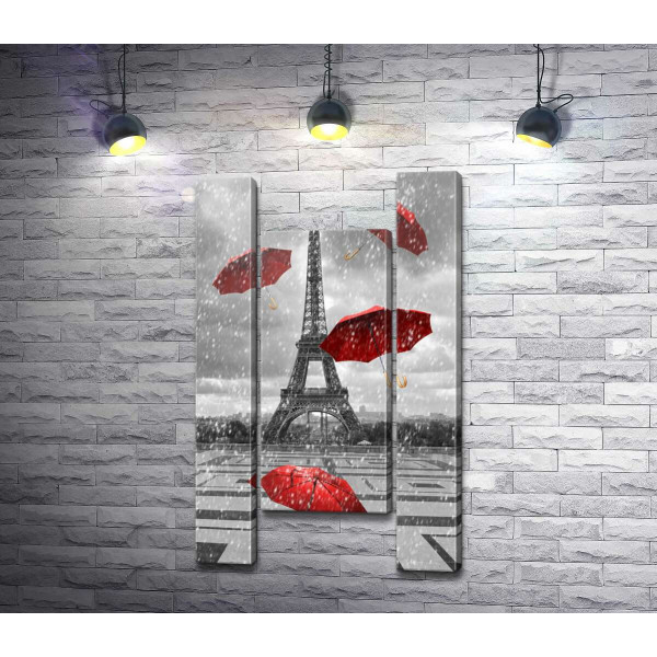 Дощ із червоних зонтиків перед Ейфелевою вежею (Eiffel tower)