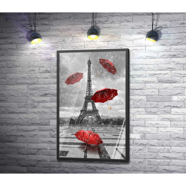 Дождь из красных зонтиков перед Эйфелевой башней (Eiffel tower)