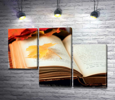 Модульна картина "Жовтий кленовий листочок лежить на сторінці книги"