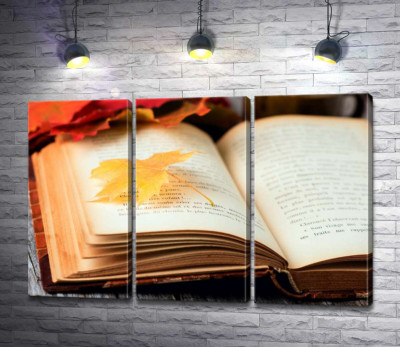 Модульная картина "Желтый кленовый листик лежит на странице книги"