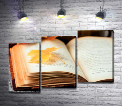 Модульная картина "Желтый кленовый листик лежит на странице книги"