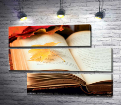 Модульна картина "Жовтий кленовий листочок лежить на сторінці книги"