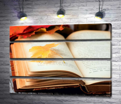 Желтый кленовый листик лежит на странице книги