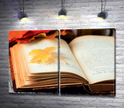 Желтый кленовый листик лежит на странице книги