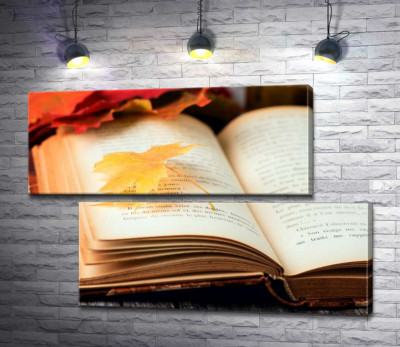 Модульная картина "Желтый кленовый листик лежит на странице книги"