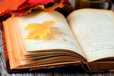 Жовтий кленовий листочок лежить на сторінці книги