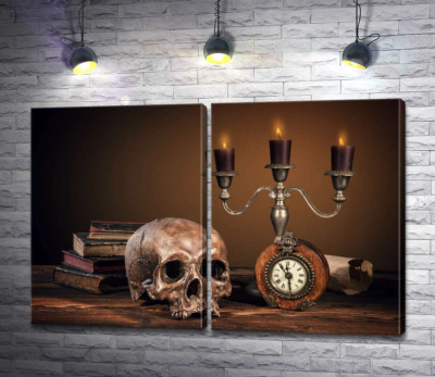 Модульная картина "Человеческий череп среди книг и свечей"