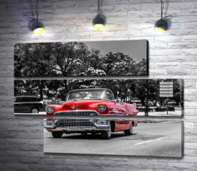 Модульна картина "Червоний Cadillac Eldorado їде широкою міською дорогою"