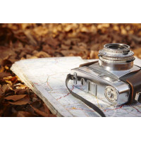 Карта и фотоаппарат на желтом ковре из сухих листьев