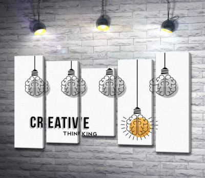 Модульна картина "Гірлянда із лампочок над фразою "creative thinking""