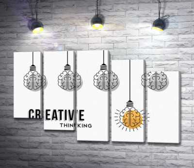 Модульна картина "Гірлянда із лампочок над фразою "creative thinking""