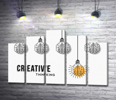Модульная картина "Гирлянда из лампочек над фразой "creative thinking""