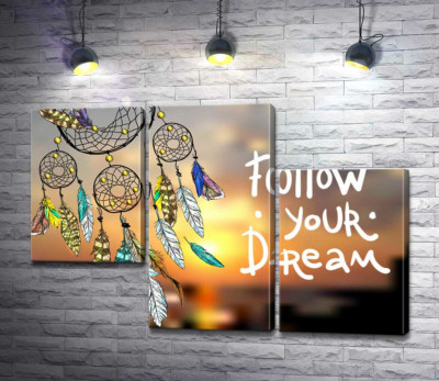 Модульная картина "Индейский ловец снов рядом с фразой "follow your dream""