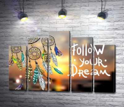 Модульная картина "Индейский ловец снов рядом с фразой "follow your dream""