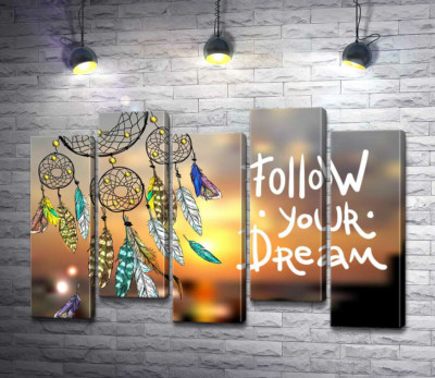 Модульная картина "Индейский ловец снов рядом с фразой "follow your dream""