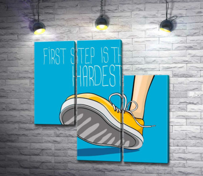 Модульна картина "Жовтий кросівок ступає на землю поряд з фразою "first step is the hardest""