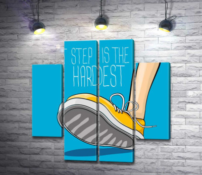 Модульна картина "Жовтий кросівок ступає на землю поряд з фразою "first step is the hardest""